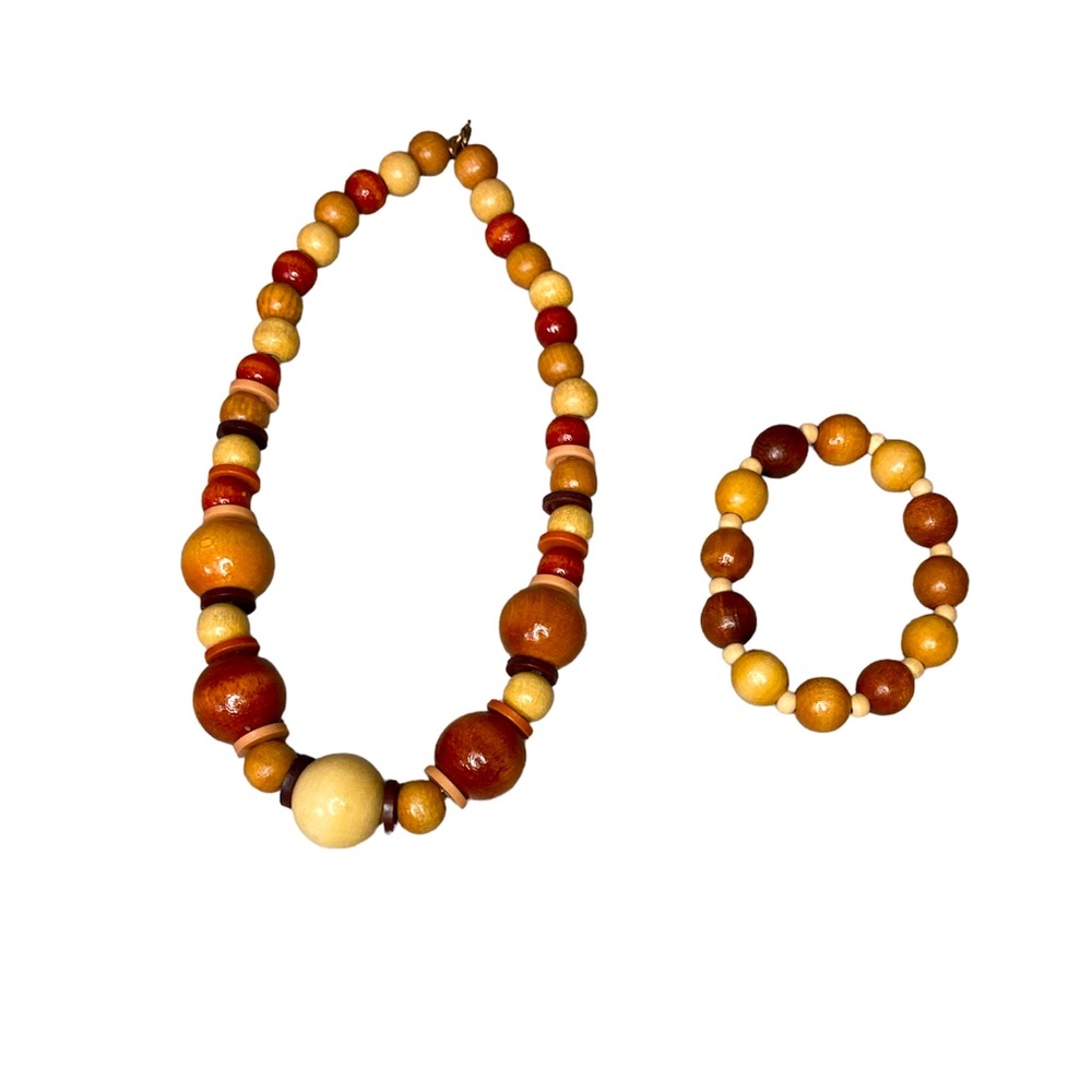 Chunky Wooden Bead Jewelry Set Necklace Bracelet Boho Vintage Retro Brown Tones